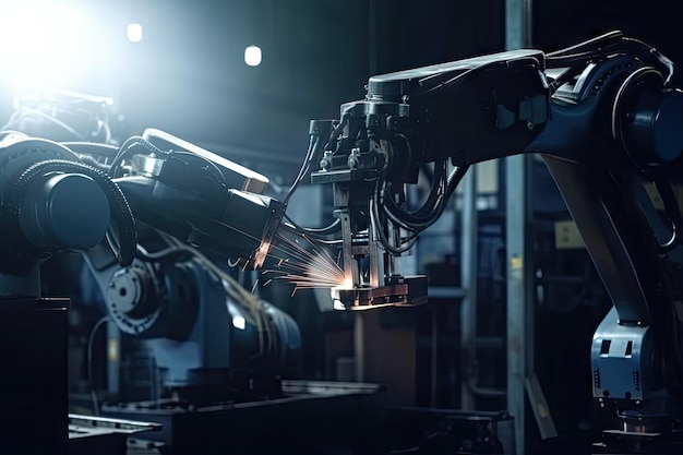 Zdjęcie para robotów spawalniczych pracujących w tandemie wykonujących złożone spoiny na konstrukcjach metalowych