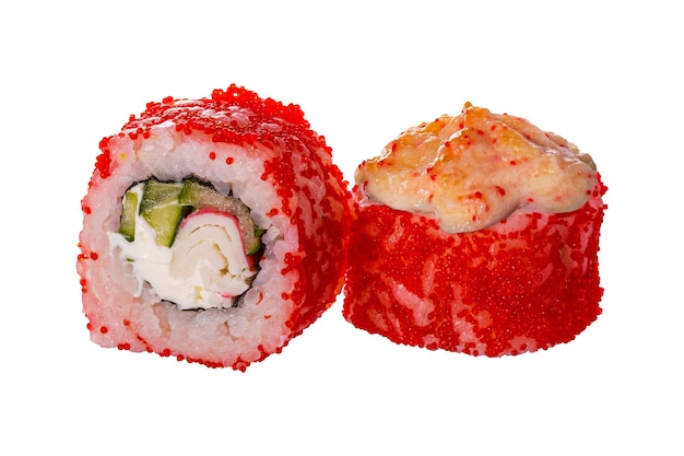 Para Rolek Sushi Na Białym Tle Zbliżenie Pysznego Japońskiego Jedzenia Z Rolką Sushi