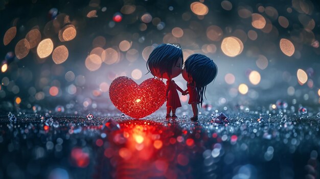Para romantyczna na czerwonym sercu Symbol miłości Dzień Walentynek błyszczący luksusowy tło