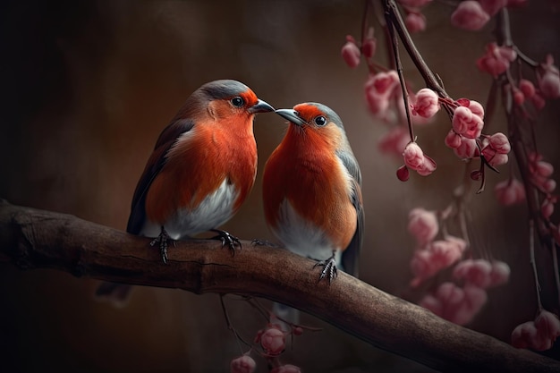 Para romantycznych papużek falistych ptaków na gałęzi Koncepcja miłości Generative AI