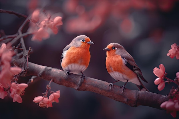 Para romantycznych papużek falistych ptaków na gałęzi Koncepcja miłości Generative AI