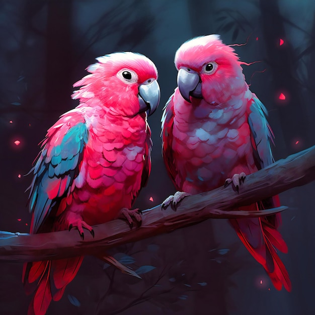 Para różowych papug siedzących na gałęzi w ciemności