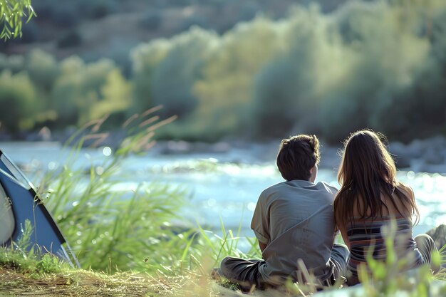 Para siedząca na brzegu rzeki z namiotem rozważająca krajobraz