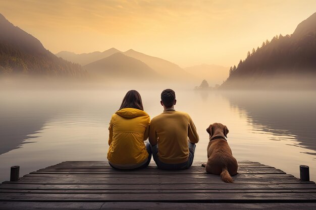 Zdjęcie para siedząca na molo i patrząca na jezioro o wschodzie słońca rodzina z małym żółtym psem odpoczywającym na molu i patrzącym na jeziorę i mgliste góry ai generowane
