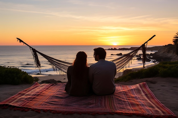 Para siedząca na plaży, oglądająca zachód słońca.