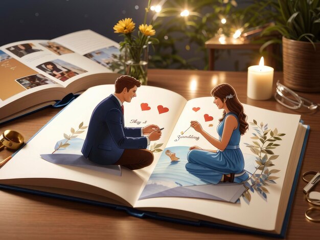 Zdjęcie para siedząca na stole obok książki ze świecą