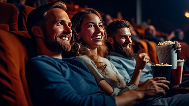 Para siedząca w kinie, oglądająca film, jedząca popcorn i pijąca słodką wodę.