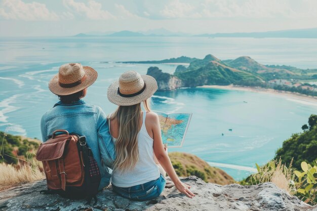 Para siedzi na klifie z widokiem na ocean i mapę, na której czyta się podróż.