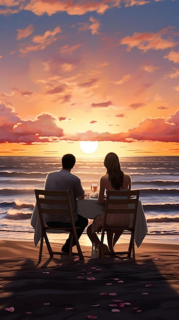 Para siedzi na plaży i ogląda zachód słońca.