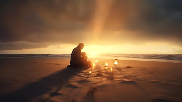 Zdjęcie para siedzi na plaży ze świecą w dłoni.