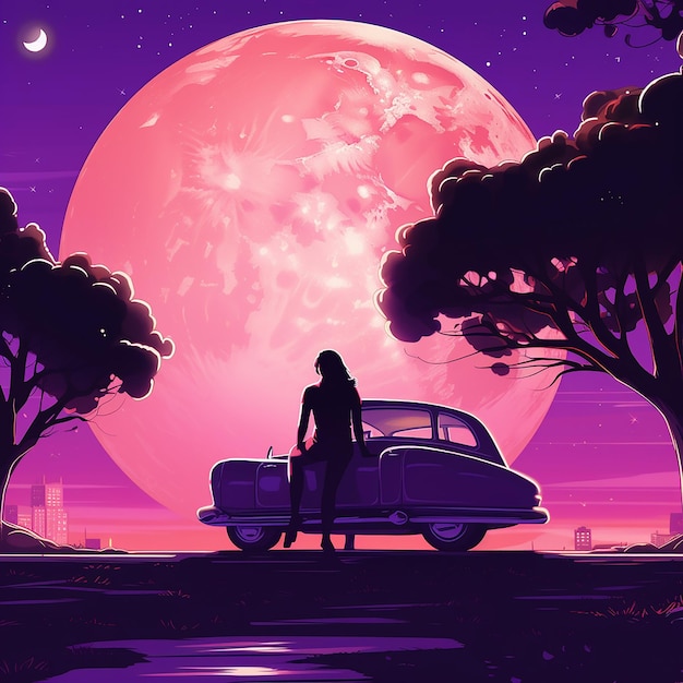 para siedzi na zewnątrz fioletowego samochodu pod księżycem w stylu indyjskiej popkultury