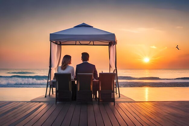 Para siedzi w altanie na plaży o zachodzie słońca.