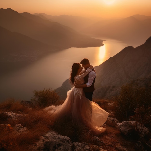 Para ślub obejmuje góry w słońcu Piękna panna młoda zamknęła oczy Generative Ai