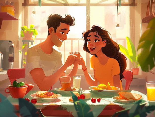 Para śniadająca w kuchni Koncepcyjna ilustracja miłości i uczuć