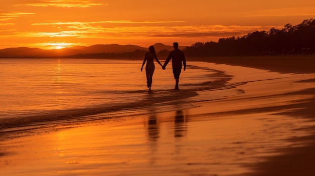 Para spaceru na plaży trzymając się za ręce przed zachodem słońca