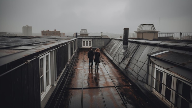 Para spacerująca po dachu w deszczu