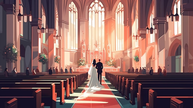 Para spacerująca po kościele ze słowem miłość w prawym dolnym rogu