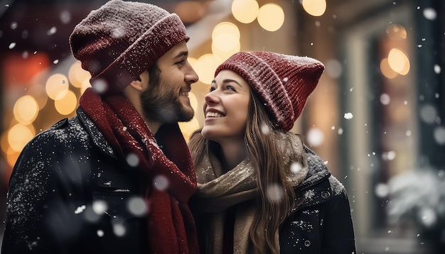 Para spacerująca po ulicach zimowego miasta Koncepcja świąt Bożego Narodzenia i nowego roku