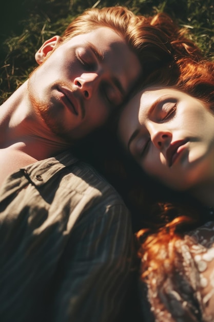 Para śpi w trawie, a słońce świeci im na głowy