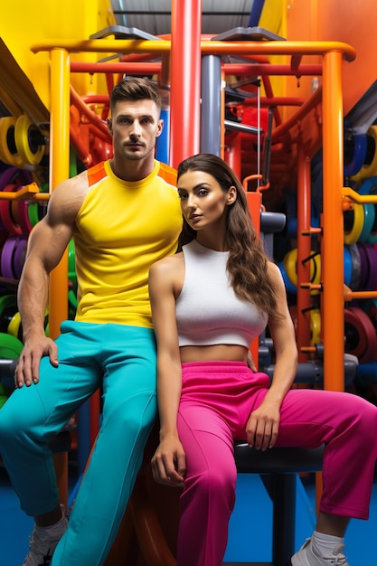 Para sportowa pozująca w siłowni w pięknych kolorowych strojach