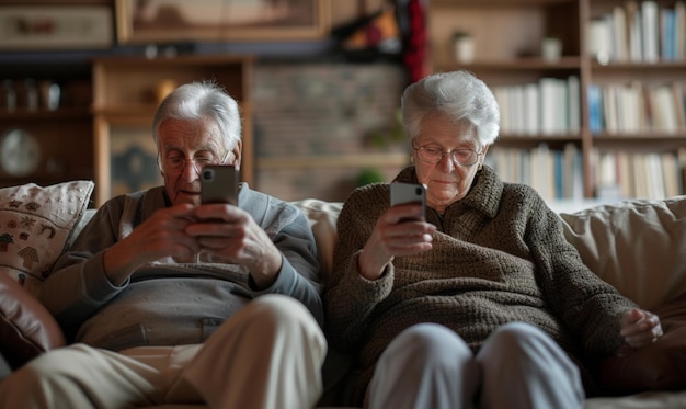Para starszych ludzi siedzi i relaksuje się na kanapie, używając smartfona do mediów społecznościowych.