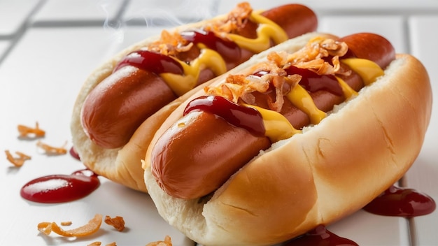 Zdjęcie para świeżych hot dogów odizolowanych na białym