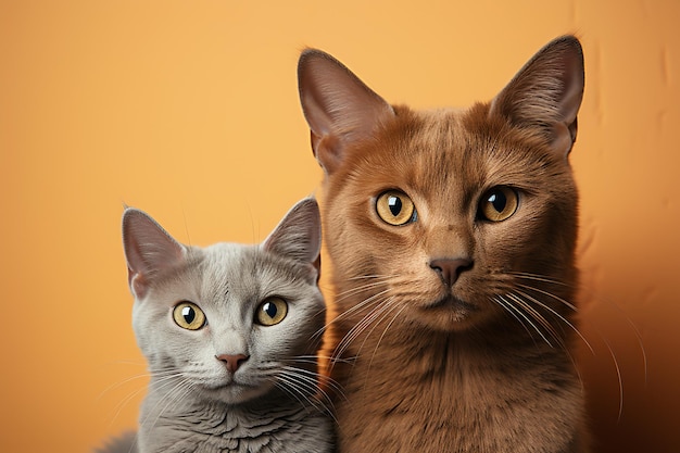 Para szarych brytyjskich kotów siedzących blisko siebie na pomarańczowym tle