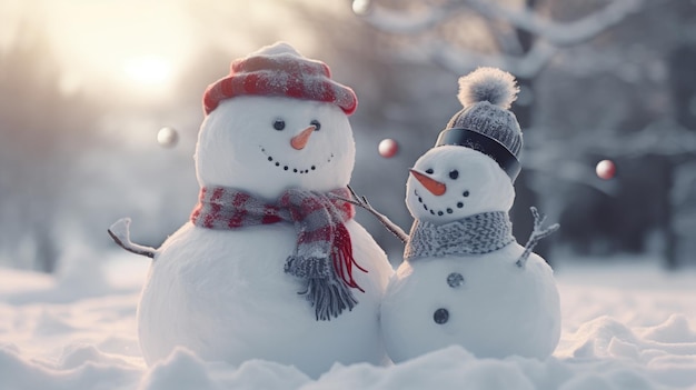 Para szczęśliwy bałwan stojący w zimowym krajobrazie bożonarodzeniowym