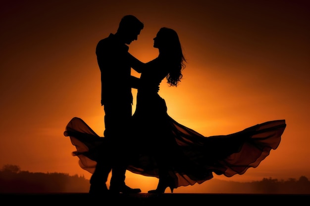 Para tańczy o zachodzie słońca Sylwetki kochanków i kochanków na świeżym powietrzu Romantyczne emocje