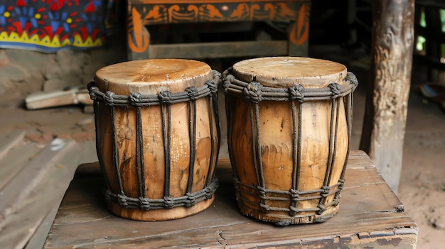 Para tradycyjnych afrykańskich bębnów wykonanych z drewna i skóry zwierzęcej Bębny są ozdobione skomplikowanymi rzeźbami i mają bogaty, ciepły dźwięk
