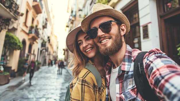 Para turystów robiąca selfie w środku miasta podczas wakacji Koncepcja podróży
