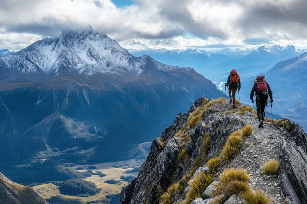 Para turystów stojąca na szczycie Góry Everest podziwiająca zapierający oddech widok panoramiczny wysiłkowy wspinanie się na górę z pomocą troskliwego przyjaciela AI generowany