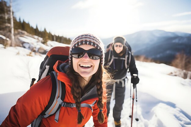 Para turystów w garniturach narciarskich wspina się na pokryty śniegiem szlak górski