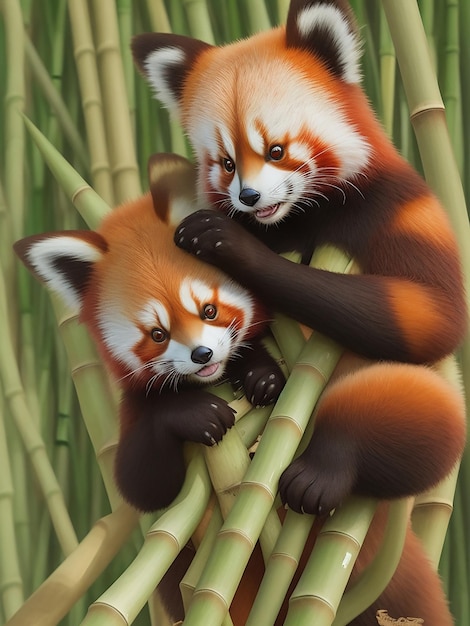 Para uroczych czerwonych pand dzielących bambusową przekąskę
