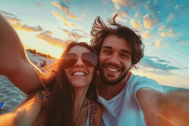 Para uśmiecha się i pozuje na zdjęcie na plaży