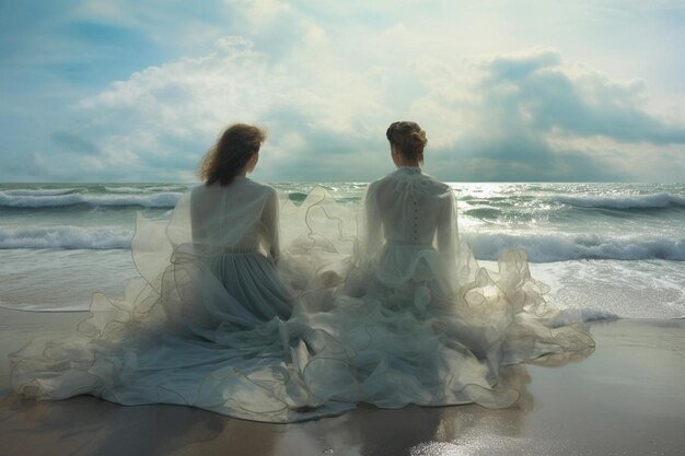Zdjęcie para w białych sukienkach siedzi na plaży i patrzy na morze.