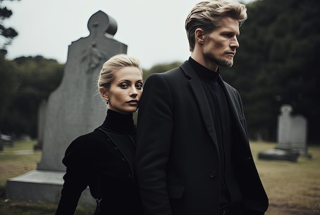 Zdjęcie para w czarnym stojąca przed grobem w stylu duńskiego wzoru
