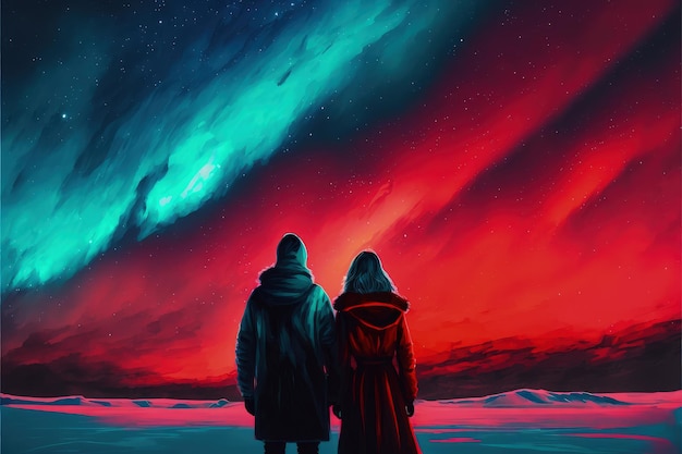 Para w czerwonym płaszczu pod parasolem chodząca po śniegu patrząca na zorzę polarną na niebie ilustracja w stylu sztuki cyfrowej obraz fantasy koncepcja pary pod zorzą polarną na niebie