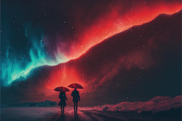 Para w czerwonym płaszczu pod parasolem chodząca po śniegu patrząca na zorzę polarną na niebie ilustracja w stylu sztuki cyfrowej obraz fantasy koncepcja pary pod zorzą polarną na niebie