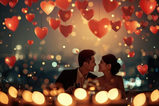 Zdjęcie para w dniu walentynek w romantycznej restauracji świętująca miłość pragma.