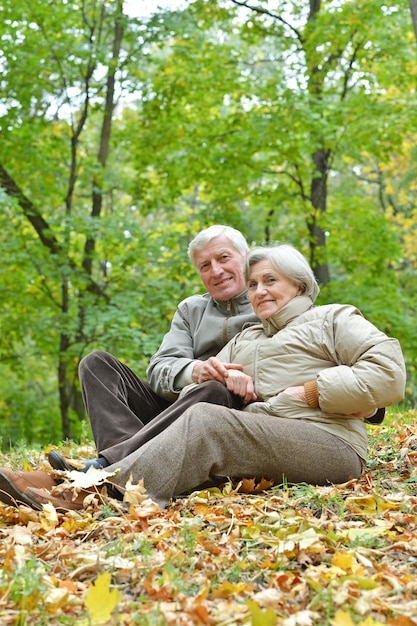 Para w jesiennym parku siedzi na liściach