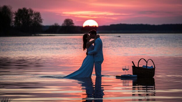 Zdjęcie para w niebieskiej sukience całuje się w wodzie z zachodem słońca za nimi.
