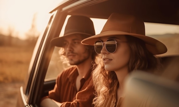 Para w samochodzie z okularami przeciwsłonecznymi i kapeluszem