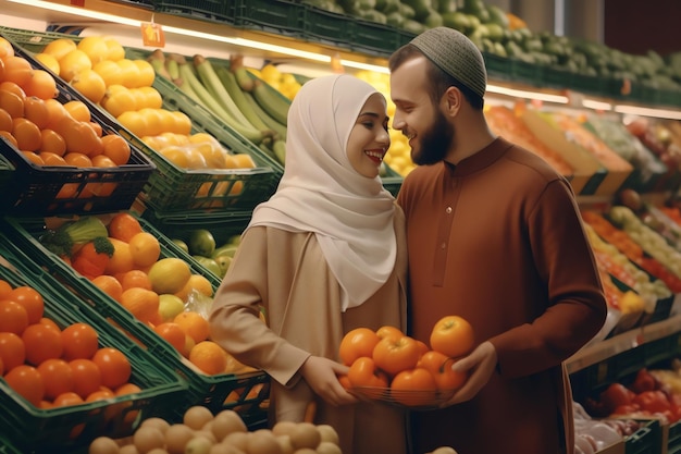 Para w sklepie spożywczym trzymająca owoce i warzywa