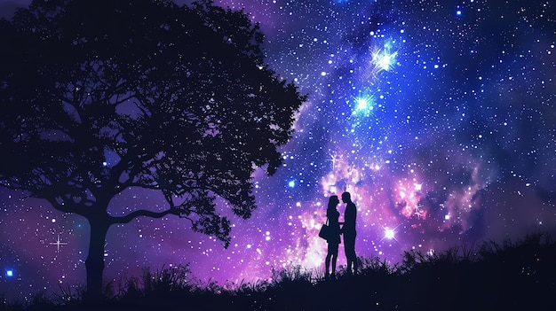 Para w sylwetce na gwiezdnym nocnym niebie