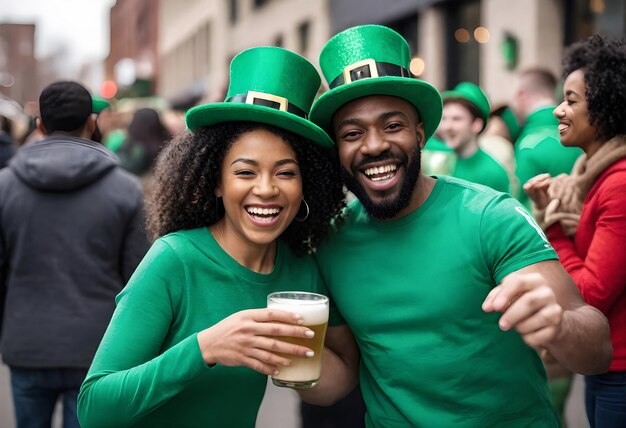 para w zielonych kapeluszach i zielonych ubraniach trzyma piwo