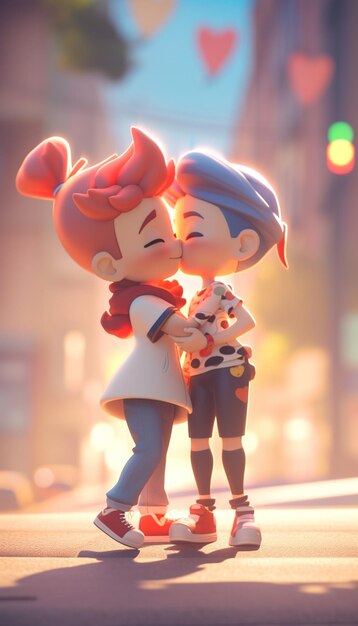 Zdjęcie para z kreskówek całująca się na ulicy.