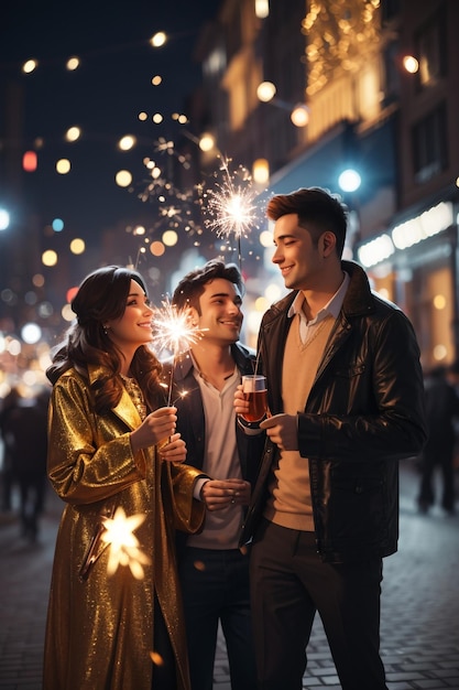para z ogniemi ciesząca się nocą noworoczną imprezą plenerową na ulicy miasta