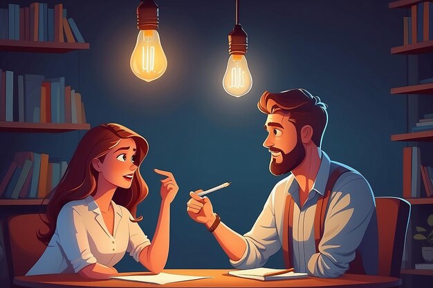 Para z pomysłem Mąż i żona mają rozwiązanie dorosły mężczyzna i kobieta rozwiązali problem lub pomysły metafora lampy