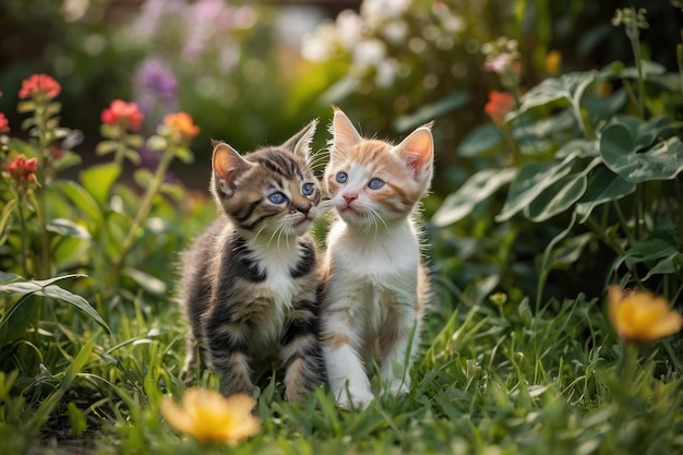 Para zabawnych kociaków bawiących się w ogrodzie